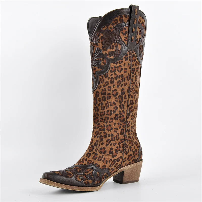 Onlymaker Women Pointed Toe Cow print Pull On Knee High Western Cowgirl Boots Chunky Heel Cowboy Boots