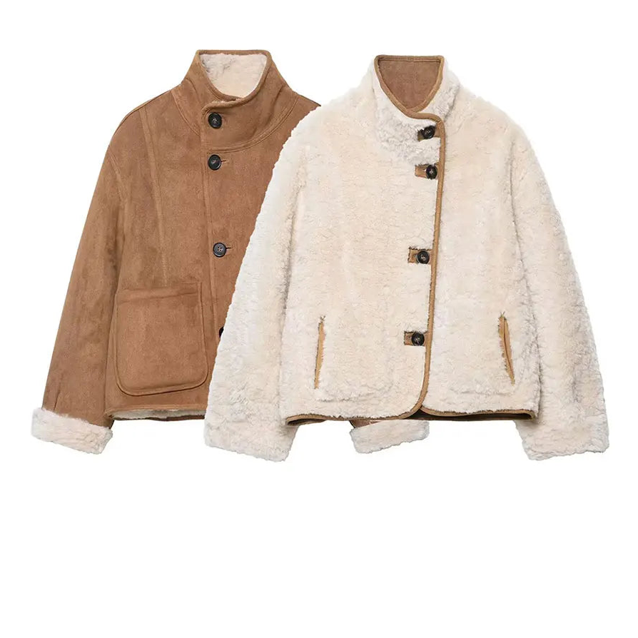 Women Fashion With Pockets Double-Sided Wear Jackets Casual High Neck Long Sleeves Female EleChic Lady Outfit