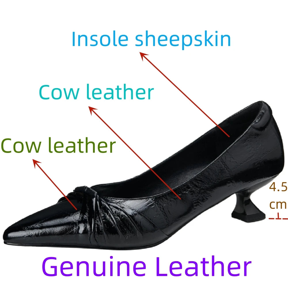 Women's Handmade Genuine Leather pointed toe slip-on pumps Mid heel elegant ladies style daily slim dress heeled