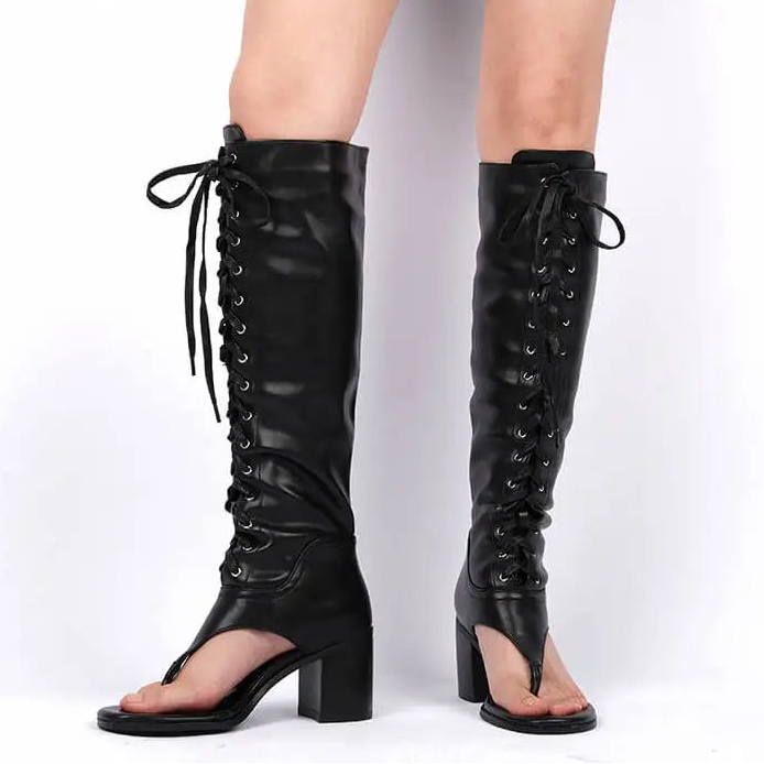 Onlymaker Women  Open Toe Black Matte Knee High Boots Lace-up Low Heels Party Flip-Flops Sandals Boots