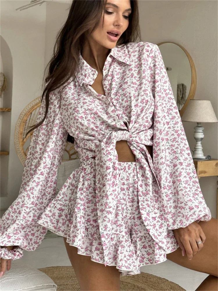 Printed Lace-Up 2 Piece-Set Shorts Outfits Female Lapel Contrast Patchwork Top Cardigan And High Waist Women's Shorts Sets