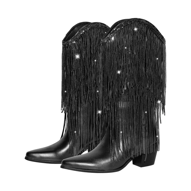Female Black Rhinestone Mid-Calf Fringe Cowboy Boots Bling Party Women Boots