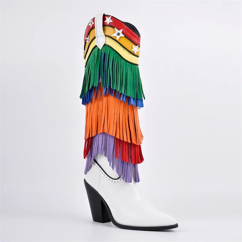 Onlymaker Women Pointed Toe Fringe Rainbow Pull-On Cowboy Boots Knee High Cowgirl Boots