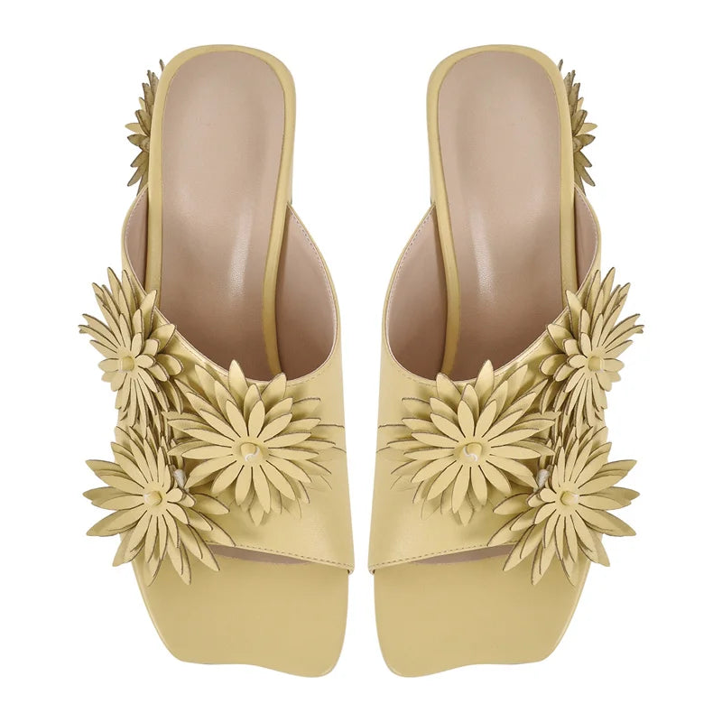 Women Square Toe Flower Mules Chunky Heels Slip On Summer Sandals