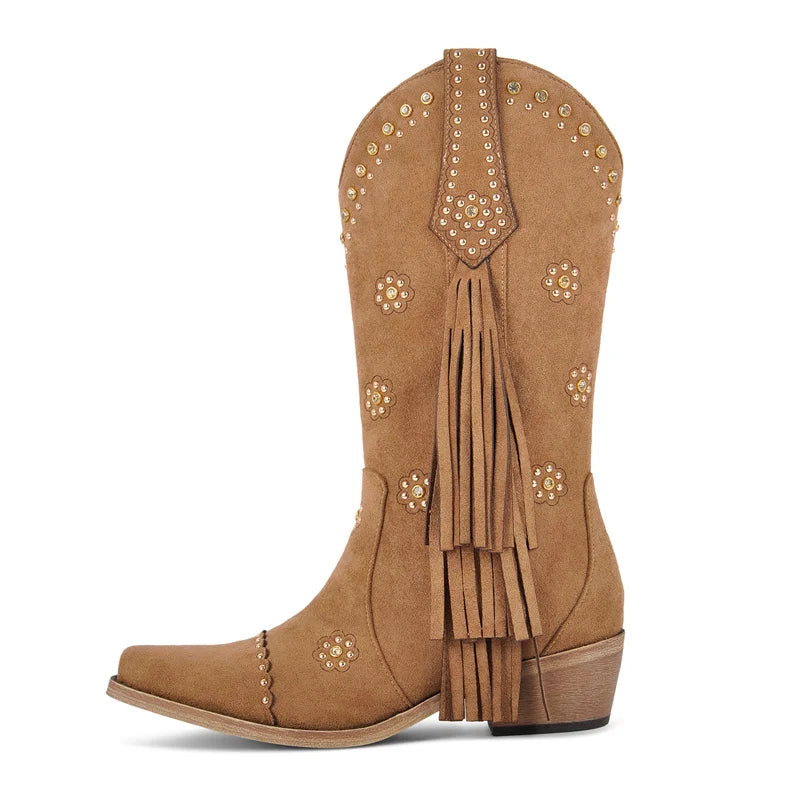 Onlymaker Women Pointed Toe Fringe Pull On Retro Western Cowgirl Boots Fringed Chunky Heel Cowboy Boots
