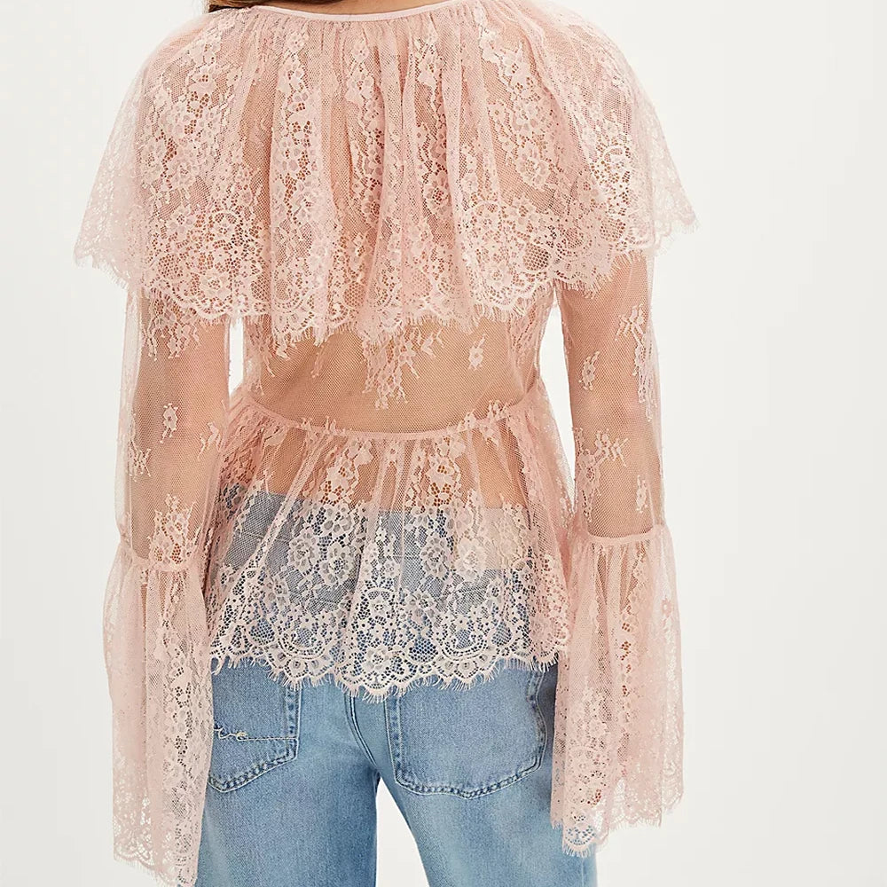 Women Lace Long Sleeve Peplum Top Flowy Bow Front Tie Up Babydoll Shirt Y2k Coquette Ruffle Trim Boho Sheer Blouse Going Out Top