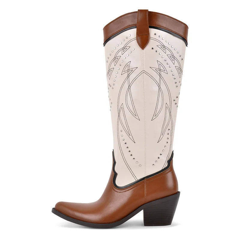 Onlymaker Women Pointed Toe  Embroidery Cowboy Boots Mid Calf  Western Cowgirl Boots