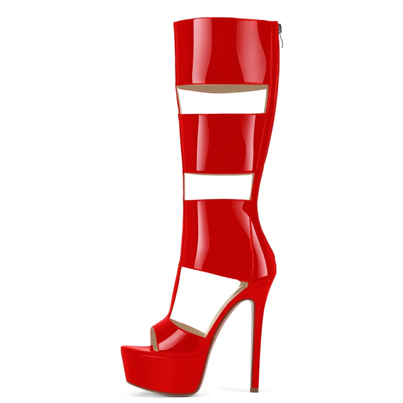 Onlymaker Women Platform Patent Leather Zipper Knee High Boots Sexy Thin High Heel Hollow Gladiator Cutout  Boots Sandals