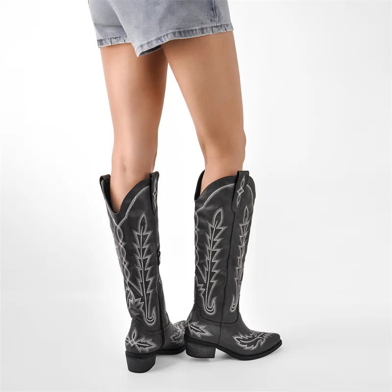 Onlymaker Women Pointed Toe Side Zipper Embroidered Western Cowboy Boots Block Heel Vintage Fashion Tall Cowgirl Boots