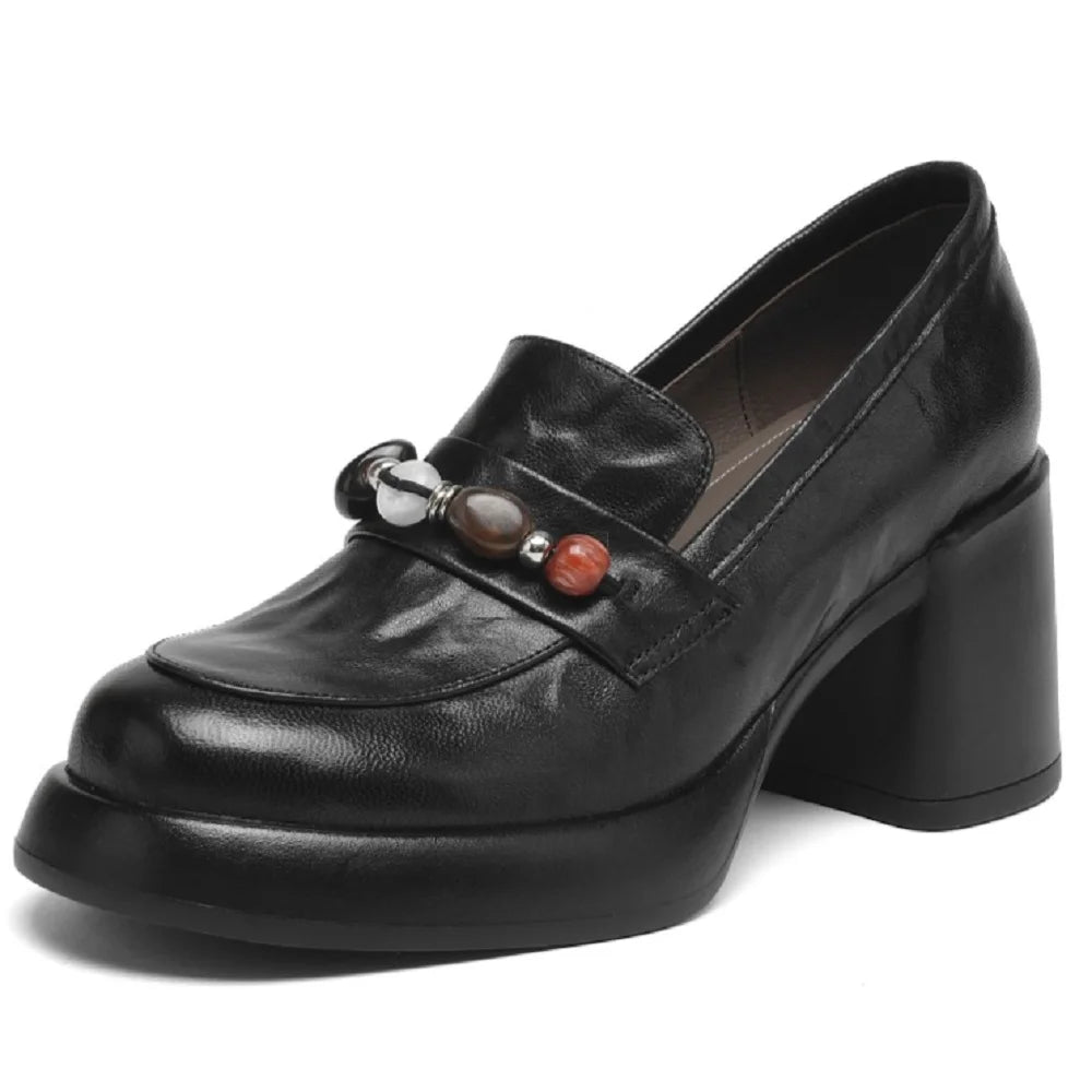 Vintage Soft Genuine Leather Shoes Women Loafers Spring Thick Sole Platform Shoes Single for Office Work 34-40