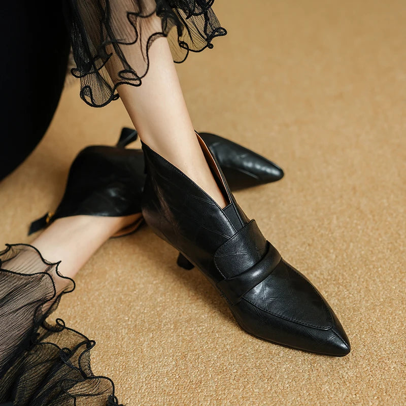 New Women Handmade Boots Mid heel Genuine Leather Shoes Pointed Toe Ankle Boots Chunky Shoes Western Boots 34-40