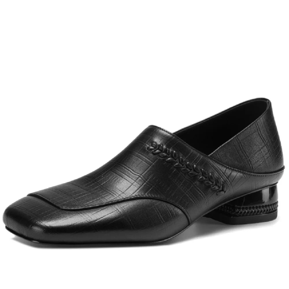 Handmade Genuine Leather Soft and comfortable Square Toe Chunky Heel Deep Mouth Formal Shoes for Women 34-40