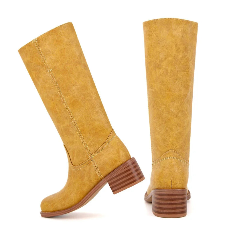 Onlymaker Women Round Toe Knee High Boots Low Heel  Fashion Pull on Wide Calf  Boots