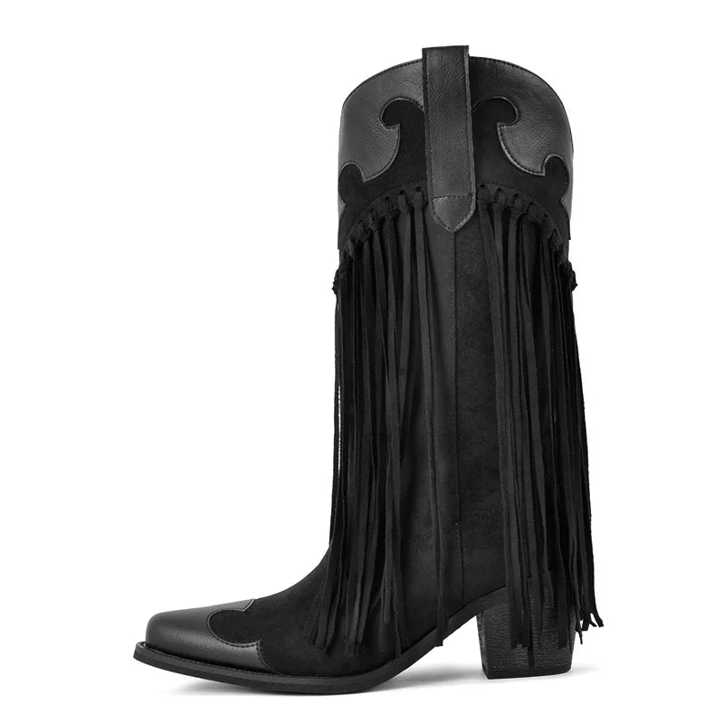 Onlymaker Women Pointed Toe Retro Fringe Pull On Western Cowgirl Boots Fringed Chunky Heel Embroidery Cowboy Boots