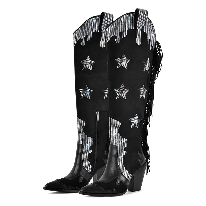 Onlymaker Women Pointed Toe Side Zipper Fringe Rhinestone Western Cowgirl Boots Chunky Heel Cowboy Boots