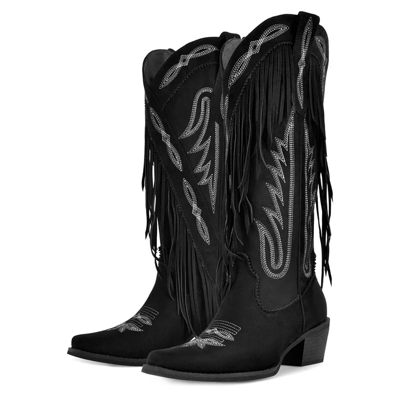 Onlymaker Women Pointed Toe Retro Fringe Pull On Western Cowgirl Boots Fringed Chunky Heel Embroidery Cowboy Boots