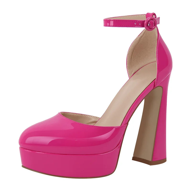 Women Round Toe Platform Ankle Strap Chunky High Heel Pumps High Heeled Party Dress Patent Leather Shoes