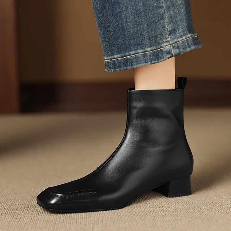 Women's Handmade Genuine leather square toe zip Soft comfortable ankle boots elegant ladies med heel dress 34-40