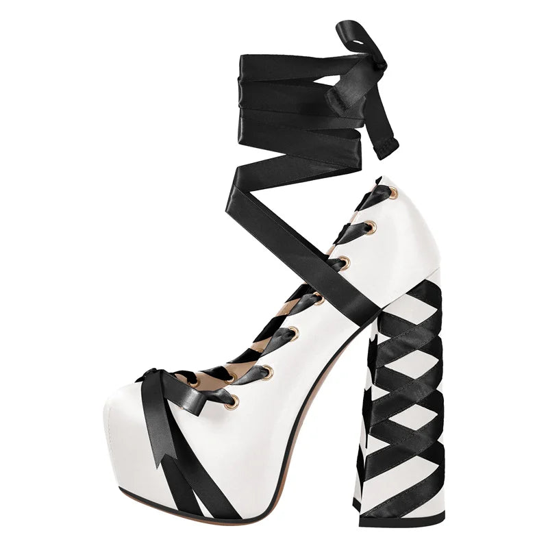 Womens Round Toe  Platform Pumps Bow Cute Lolita Two-Toned Ballet Lace-up Hoof Chunky Heel Shoes