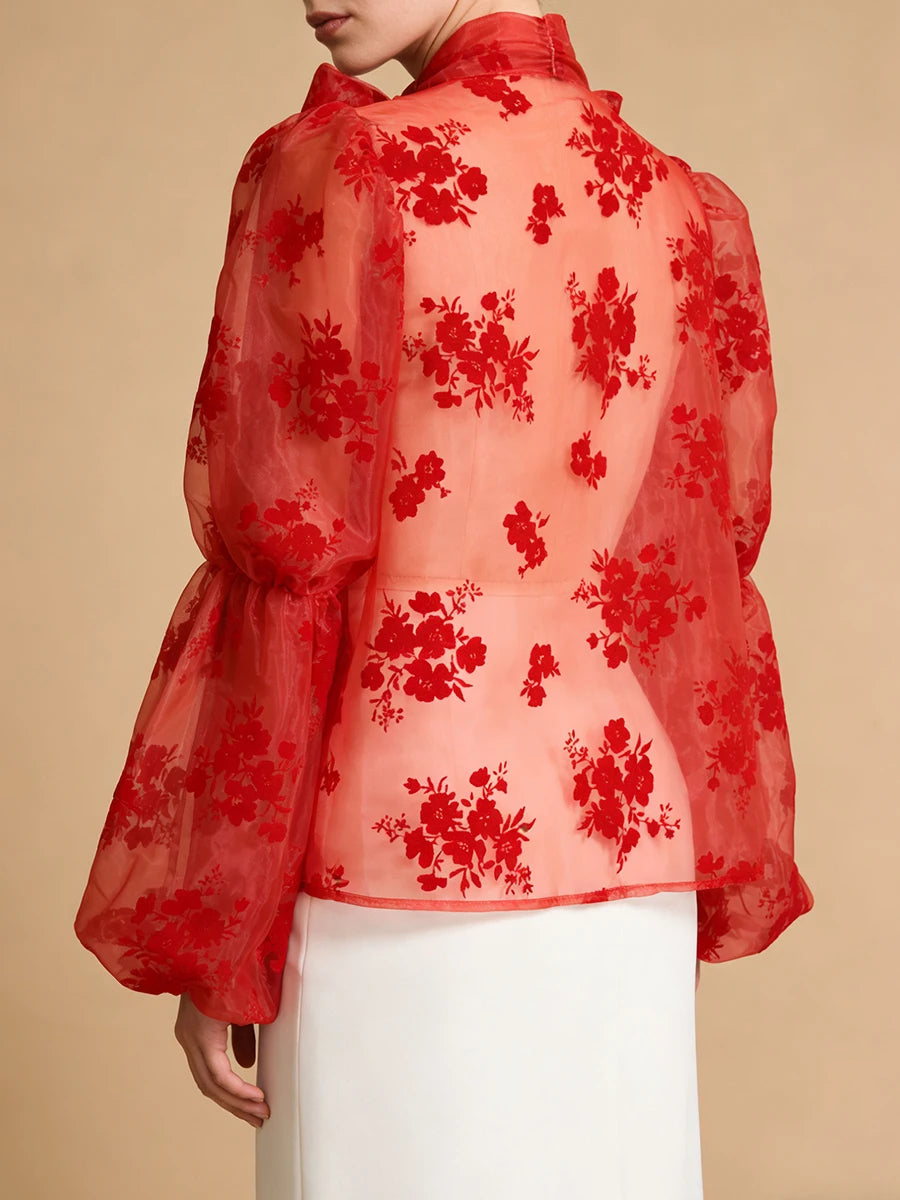 Elegant Floral Printing Chiffon Shirt for Women Scarf Collar Hollow Out Design Puff Sleeve Sheer Mesh Sexy Blouse Female New