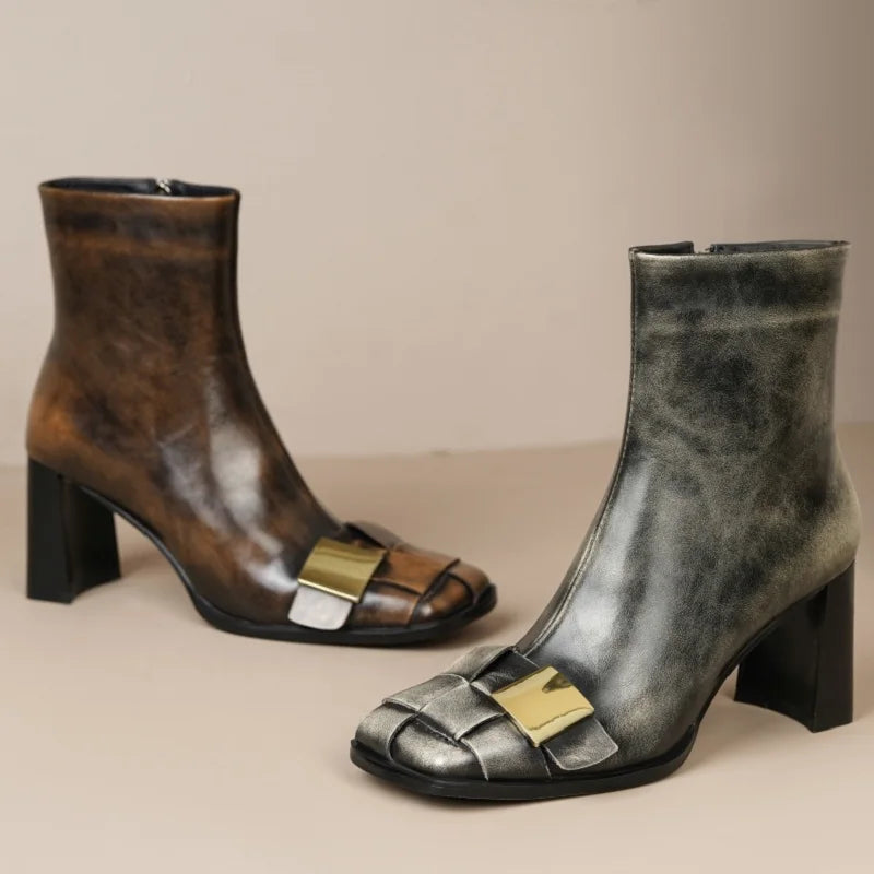 New Brand Genuine Leather Metal Decor Woman Side Zipper Ankle Boots Chunky Heel Square Toe  Luxury Designer Shoes
