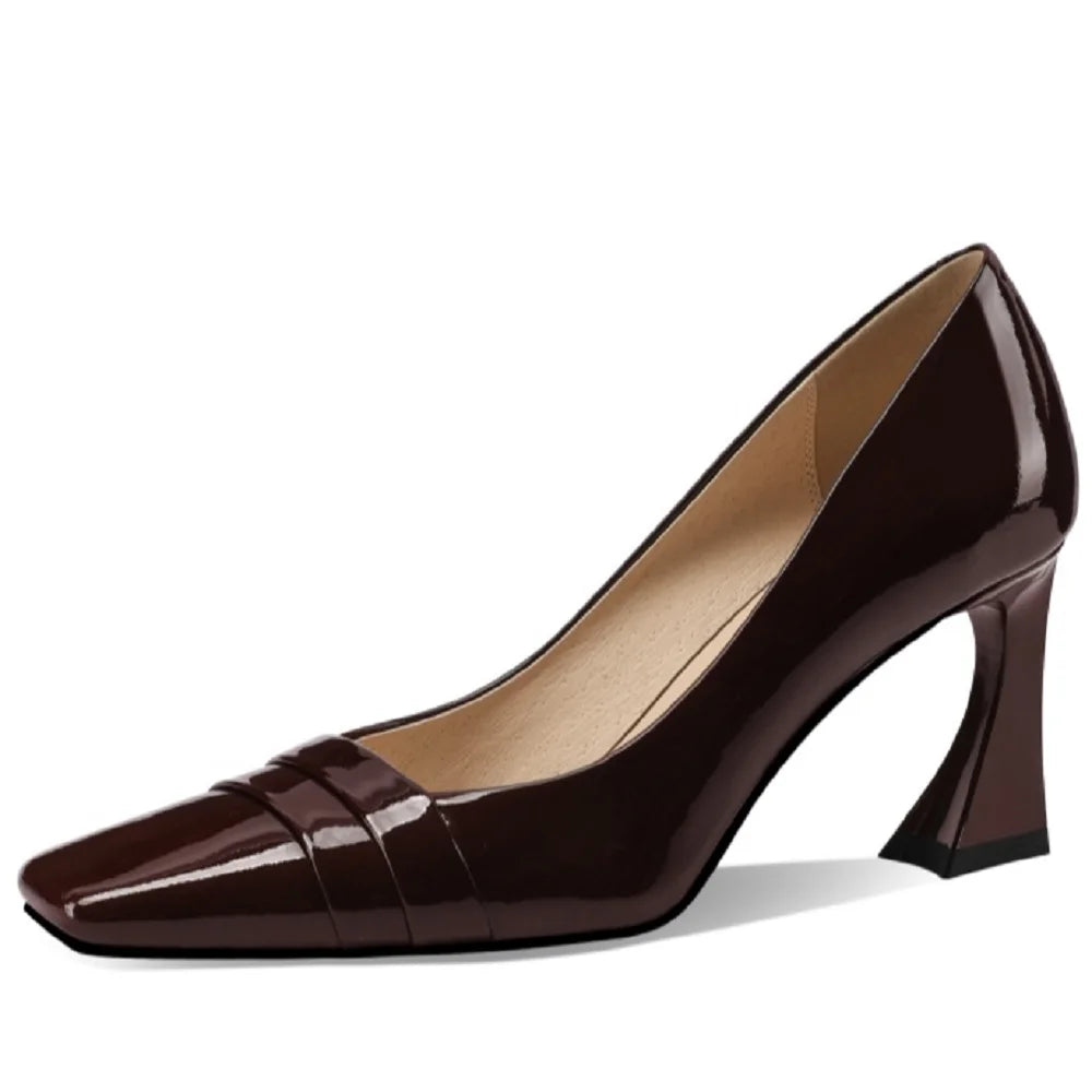 Handmade Genuine Leather Office Lady Pumps Square Toe Chunky Heels Elegant Vintage Women Soft Daily Shoes 33-43