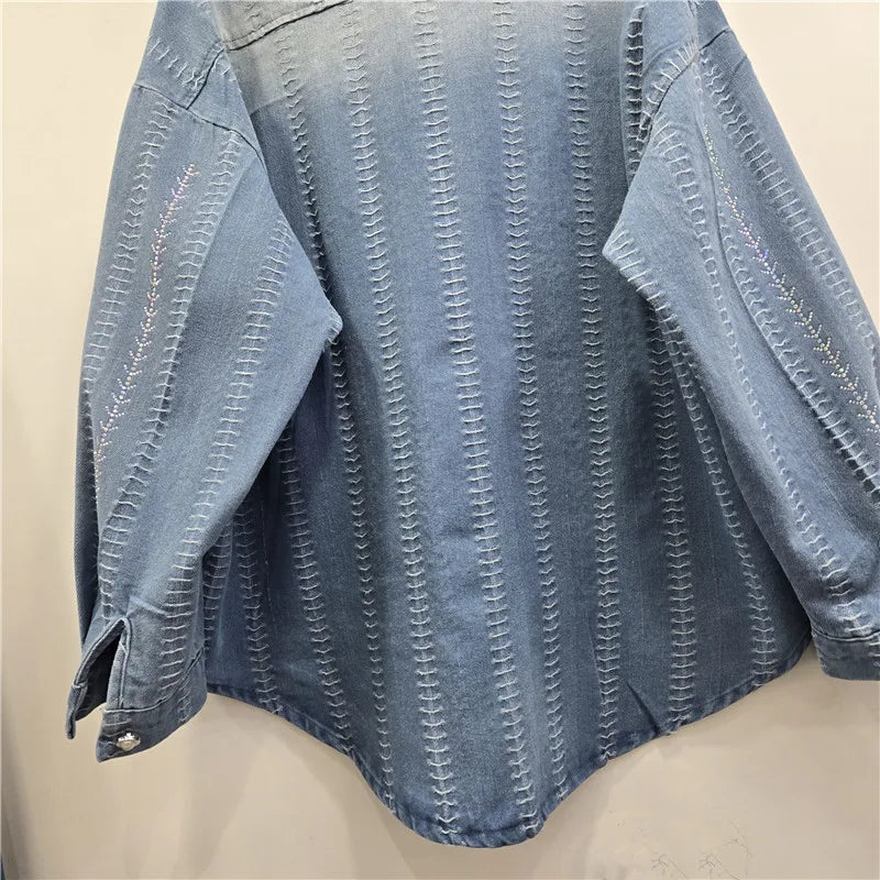 2026 Jeans Jacket Spring New Items Heavy Industry New Rhinestone Striped Long Sleeve Denim Shirt Jacket For Women Loose Top 11A08573