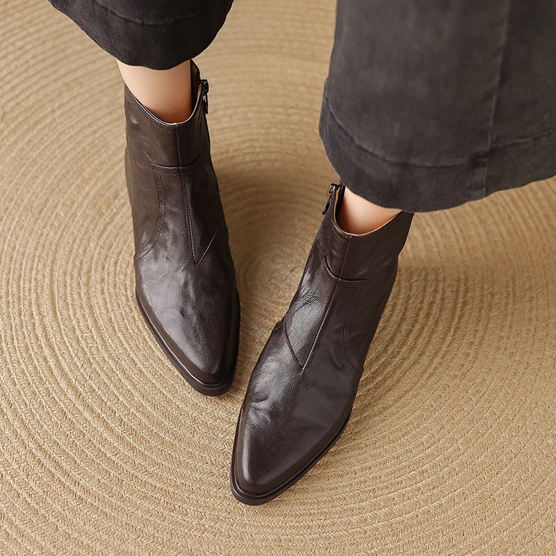 Handmade Genuine Leather Western Cowboy Women's Pointed Toe Short Boots British Style Mid Heel Boots 34-40