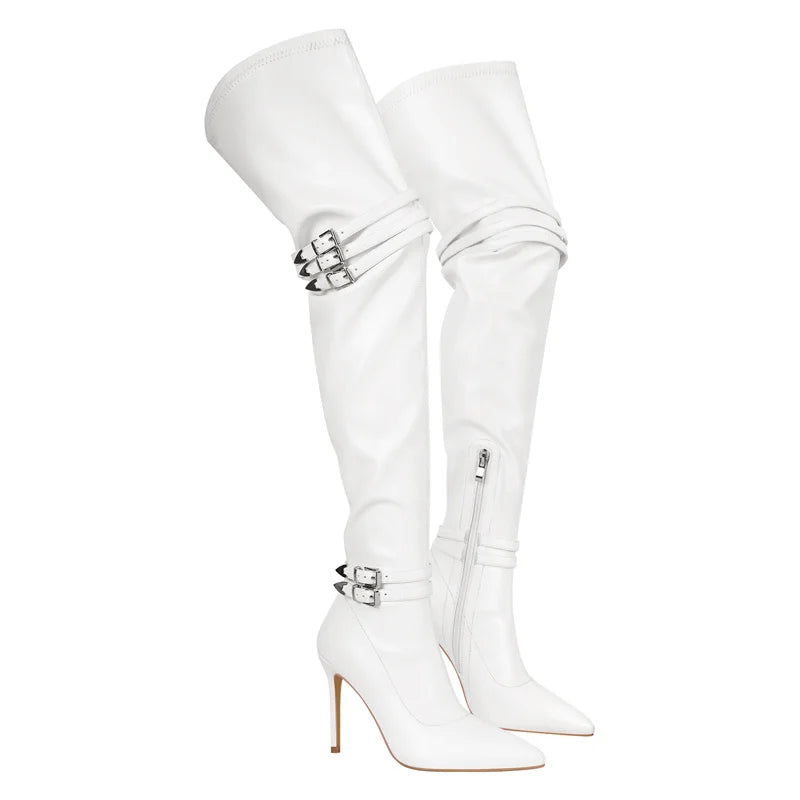 Onlymaker Women Pointed Toe White Over the Knee Stretch Boots Big Size Thin High Heel Woman Stiletto Thigh Boots