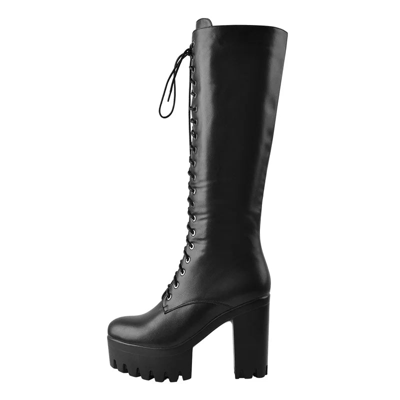 Onlymaker Women  Platform Black Matte Front Lace-Up Side Zip Knee High Boots Big Size Lady Fashion Classic Long Boots
