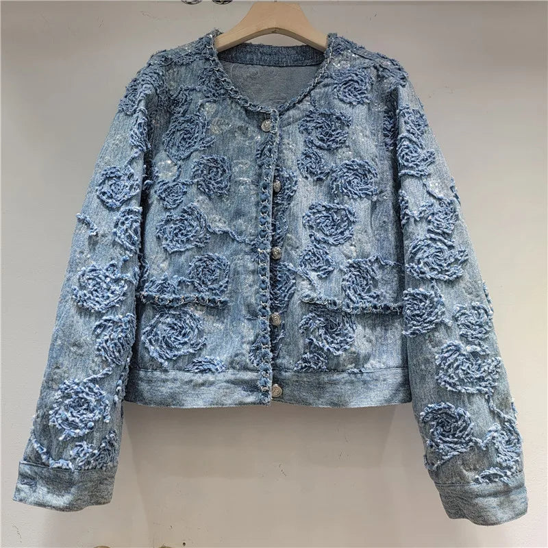 2026 Jeans Jacket Spring New Fashionable Elegant High-end Embroidered Short Denim Jacket For Women O-neck High Waist Coat 11A08304