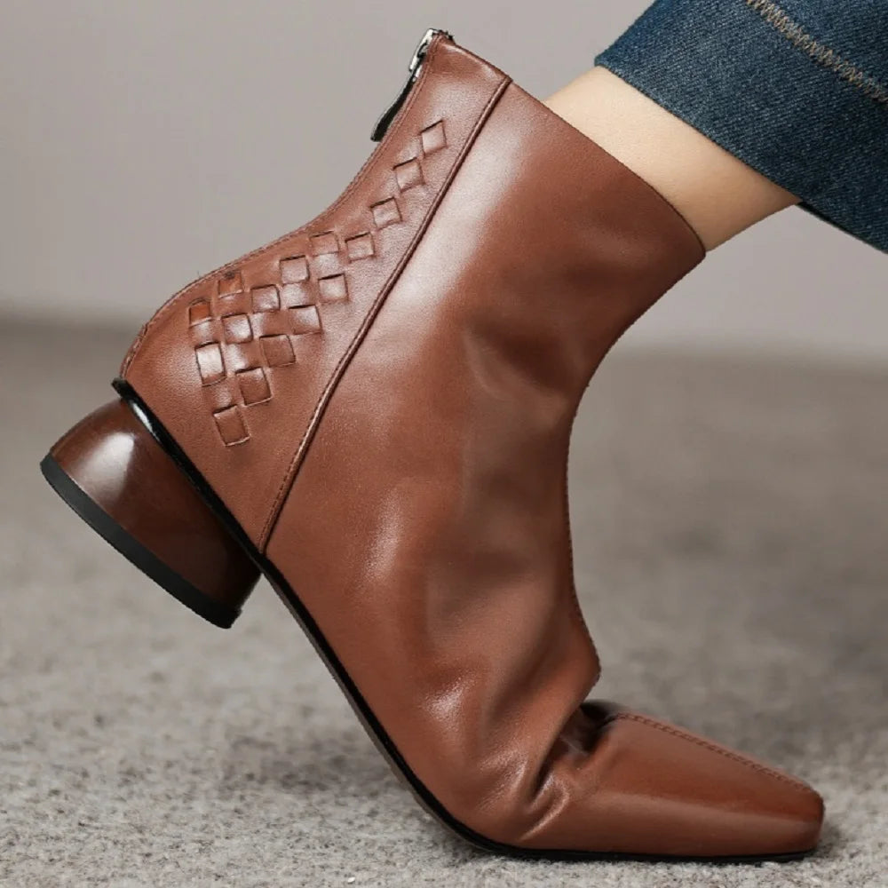 Women Handmade Genuine Leather square toe side zip ankle boot elegant ladies Mid heel daily slim dress 34-40