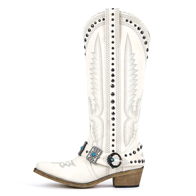 Onlymaker Women White Floral Western Embroidery Cowgirl Boots Pointed Toe Side Zipper Knee High with Chunky Heel  Boots