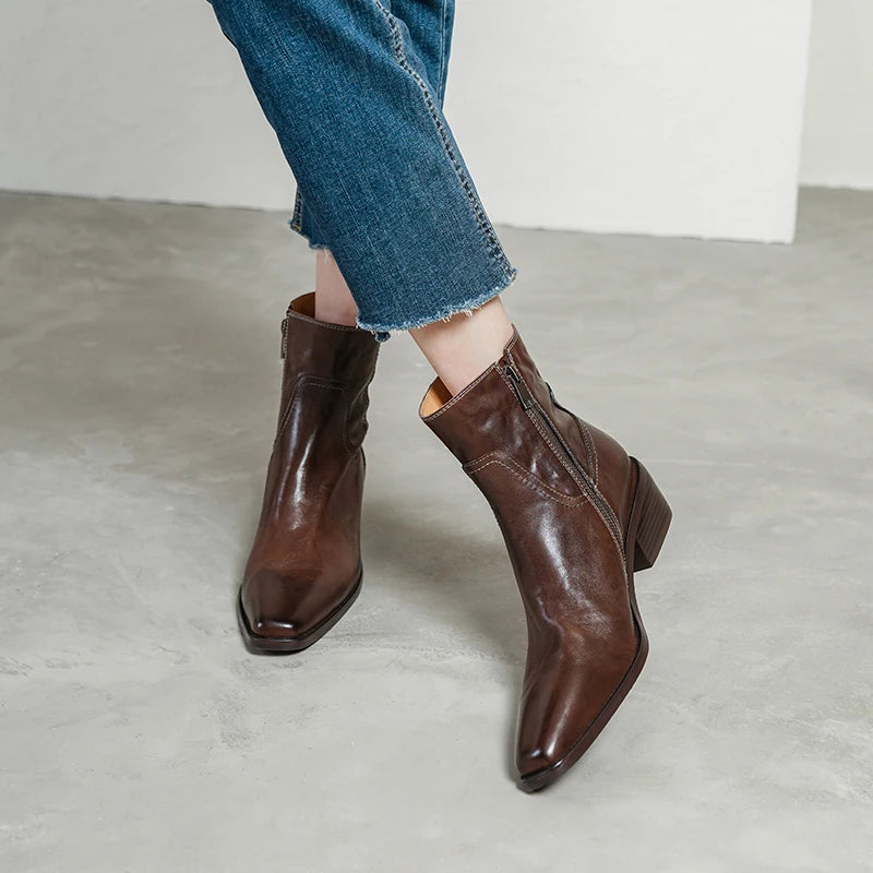 Handmade Genuine Leather Soft and comfortable Ankle Boots Women's Chunky Heel Retro ort Pattern Booties 34-40