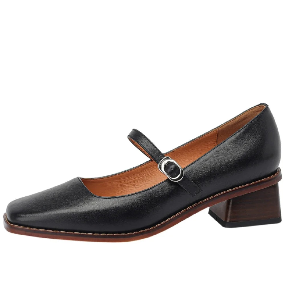 Handmade Genuine Leather Mary Jane Women's Shoes Retro Buckle Shallow Mid Heel Square Toe Zapatos De Mujer 33-41
