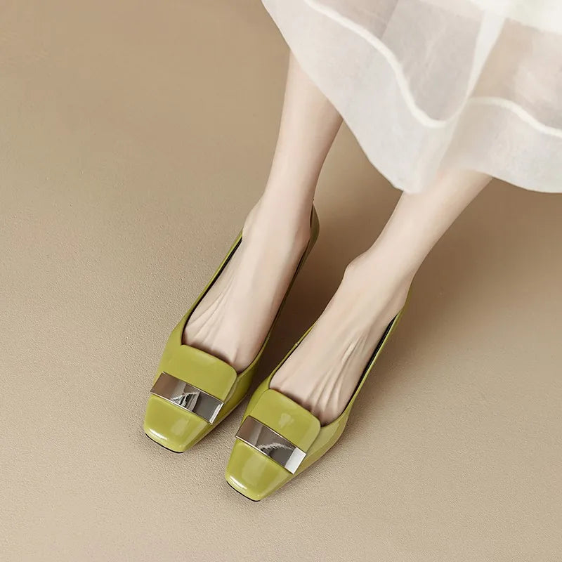 2026 Real Patent Sheepskin Leather Pumps For Women Square Toe Metal Dec Slip On High Heels Office Lady Dress Shoes
