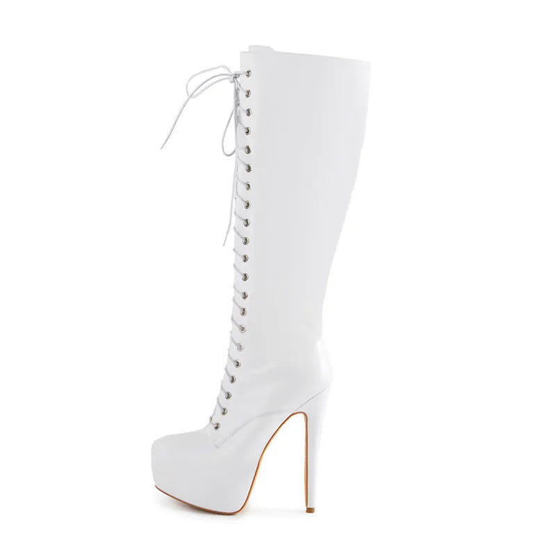 Onlymaker Women's Round Toe Stiletto Platform Zipper Knee High Boots High Heel Lace Up Plus Size Winter Fashion Sexy Boots
