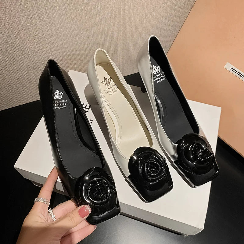 Genuine Leather Pumps Women Square Toe Flower Decoration Shallow Thick High Heels Office Ladies Party Dating Shoes