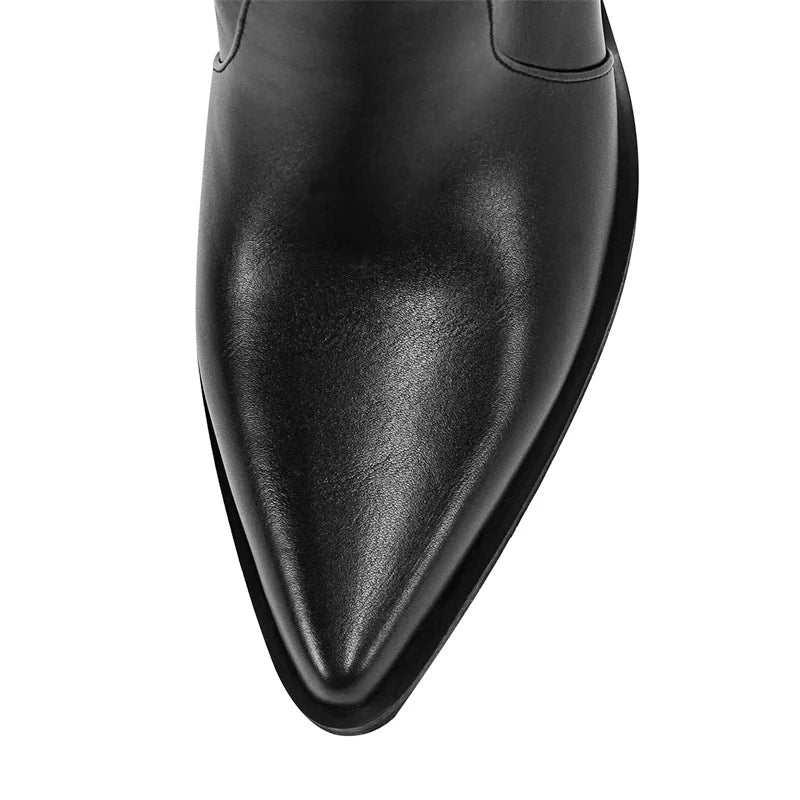 Onlymaker Women Pointed Toe Mid-Calf Boot Matte Black Sewing Embroidered Thick Heels Zipper Winter  Big Size Cowboy Boots