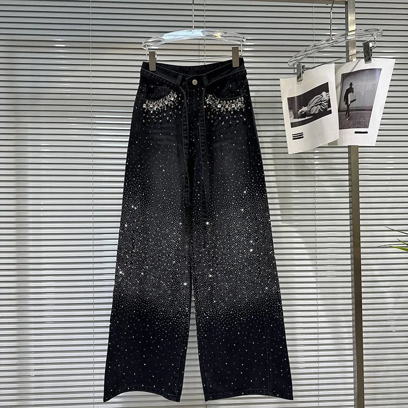 2026 Spring New Heavy Industry Pocket Rhinestone Vintage Wide-Leg Jeans For Women High Waist Straight Denim Pants 11A08297