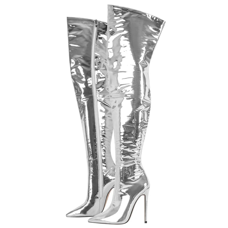 Onlymaker Women Pointed Toe Stiletto Over The Knee Boots Silver Metallic Zipper Fashion Handmade  Big Size Ladies Boots