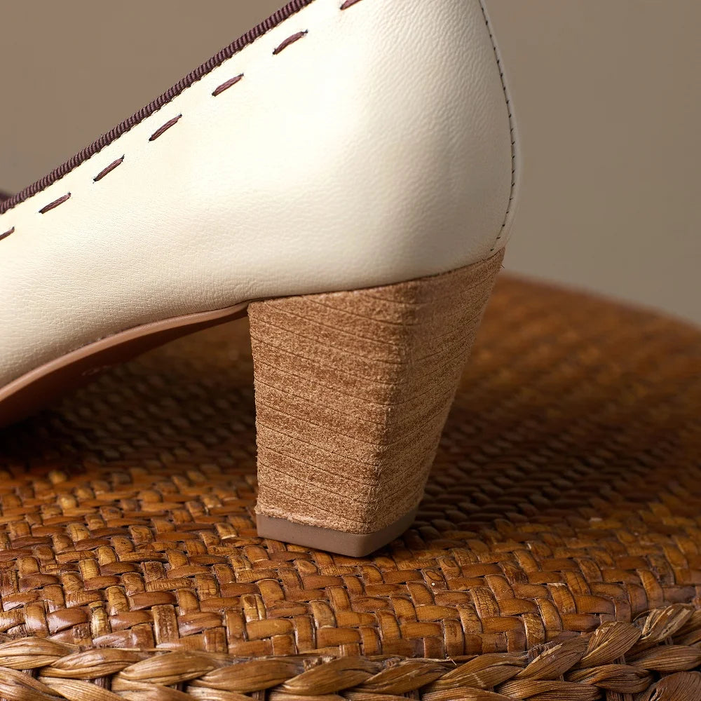 Handmade Genuine Leather Chunky Heel Bow Flats Style Round Toe Shallow Cut Spring New Versatile Shoes Women 34-40