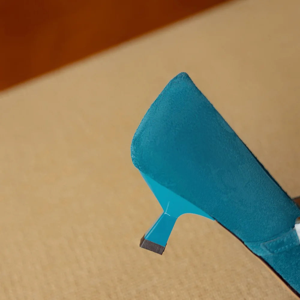 Women's Handmade natural suede Genuine leather metal buckle rivet Mid heel pointed toe dress shoes 34-40