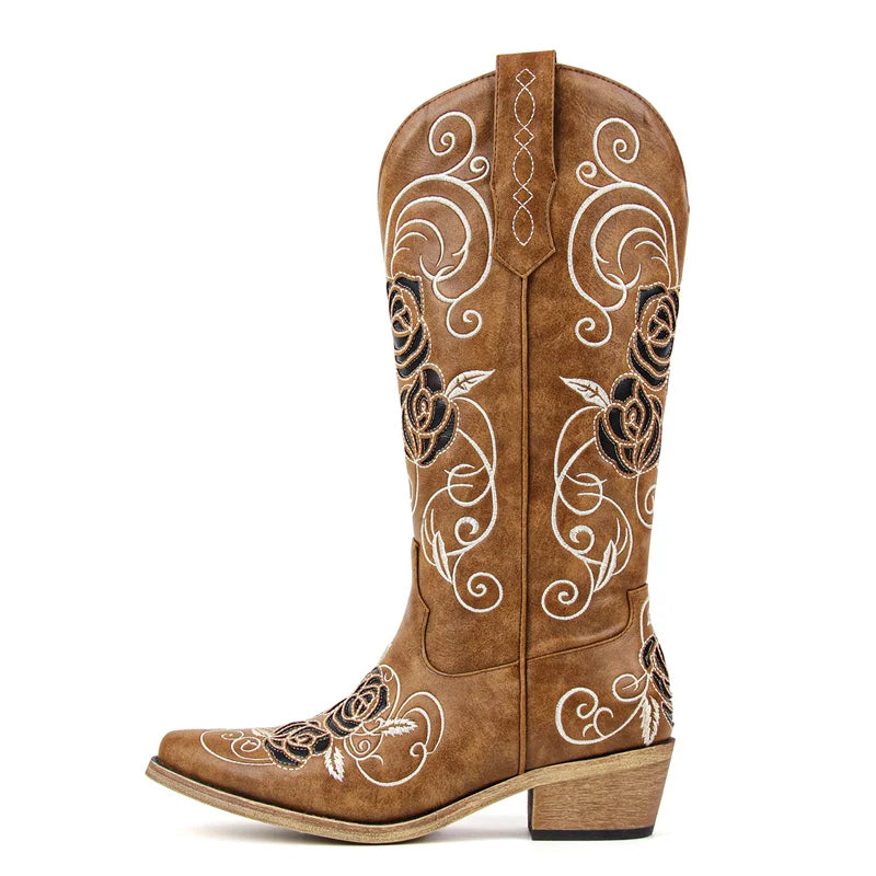 Onlymaker Women White Floral Western Embroidery Cowgirl Boots Pointed Toe Side Zipper Knee High with Chunky Heel  Boots