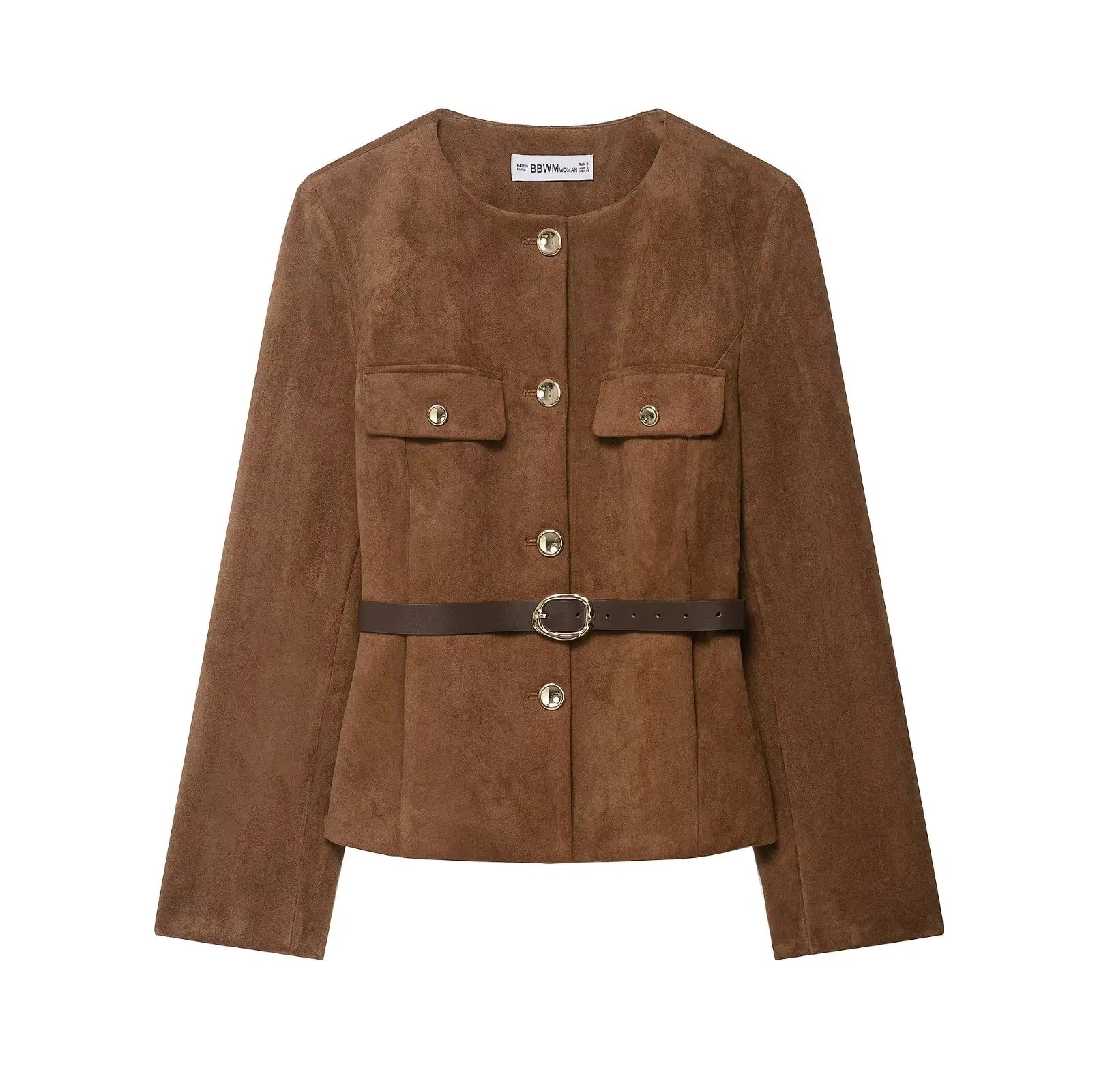 HH Women New Fashion Suede Blazer Coats O Neck Single Breasted Long Sleeve Belt Jacket Autumn Casual Female Y2K Streetwear