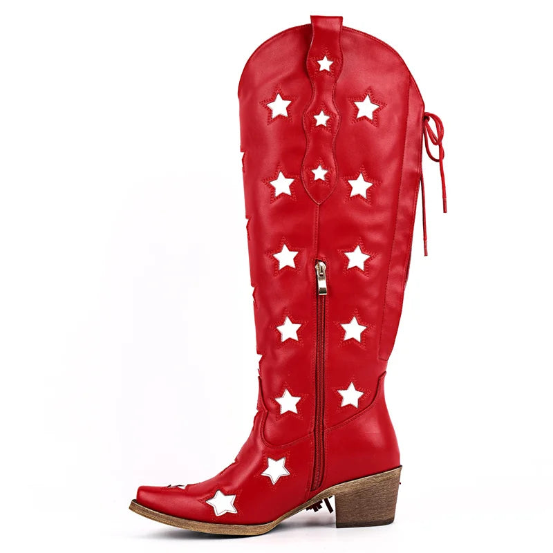 Onlymaker Women Pointed Toe Fringe Side Zipper Retro Western Cowgirl Boots Fringed Chunky Heel  Adjustable Cowboy Boots