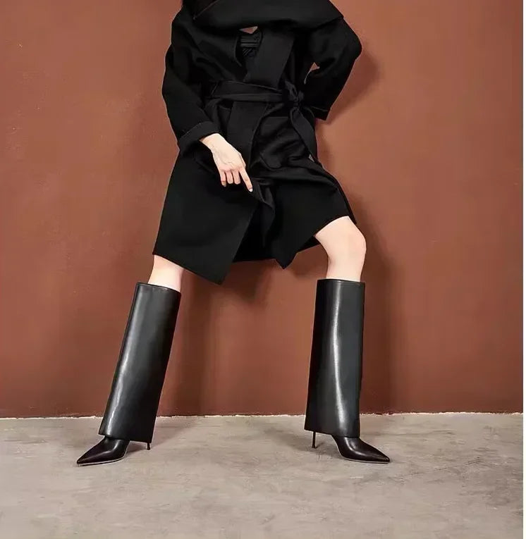 Autumn and Winter New Women's Knee High Leather Boots, Pointed Thin High-heeled Skirt Boots, Black Plus Size Long Boots