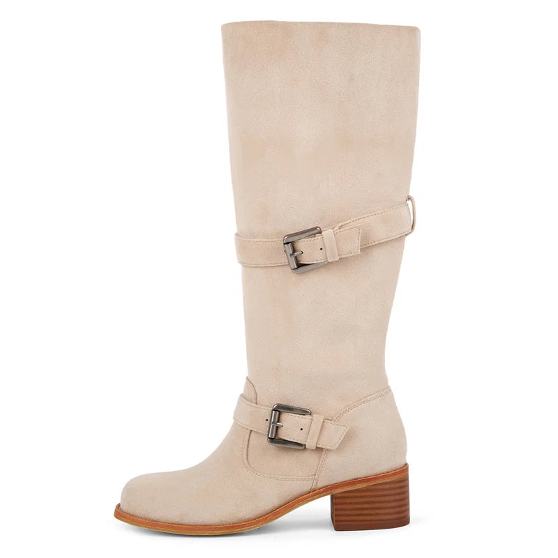 Onlymaker Women Round Toe Knee High Boots Low Heel  Fashion Pull on Wide Calf  Boots