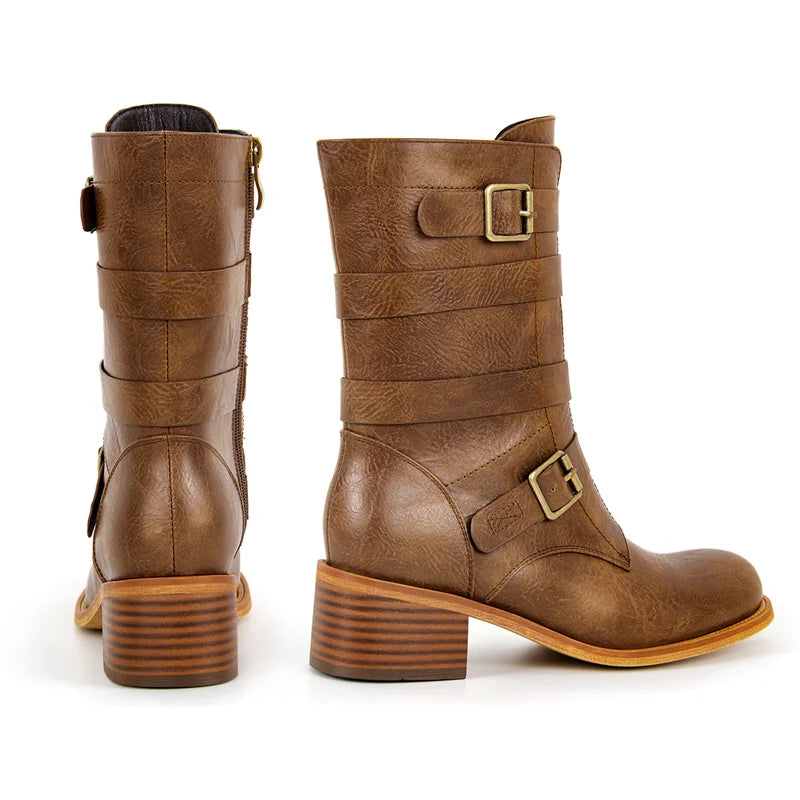 Women Round Toe Mid-Calf Boot Matte Brown Thick Heels Zipper Winter Big Size Buckle Boots