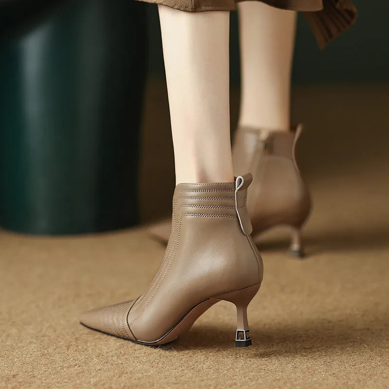 Sexy Pointed Toe Women Full Genuine Leather Ankle Boots Slip On Solid Color Super High Thin Heels Handmade For 42